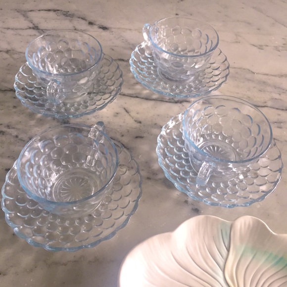 Vintage 4 blue bubble glass teacup saucer set